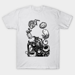 Black Cat Jester Juggling Halloween - Black Outlined Version T-Shirt